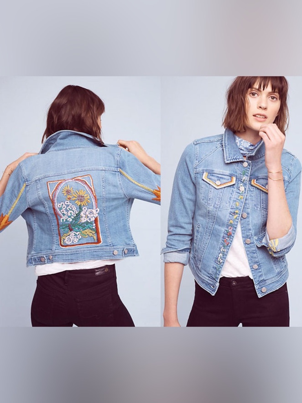 Pilcro Anthropologie Embroidered Floral Denim Jacket Size Small - Picture 4 of 15